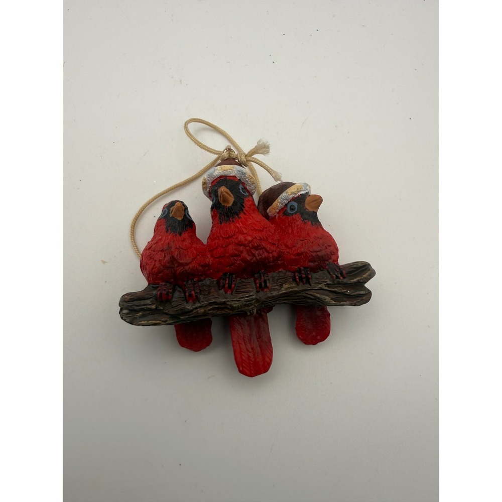 Red Cardinal Birds on Branch Christmas Ornament Santa Hats Resin Holiday Decor